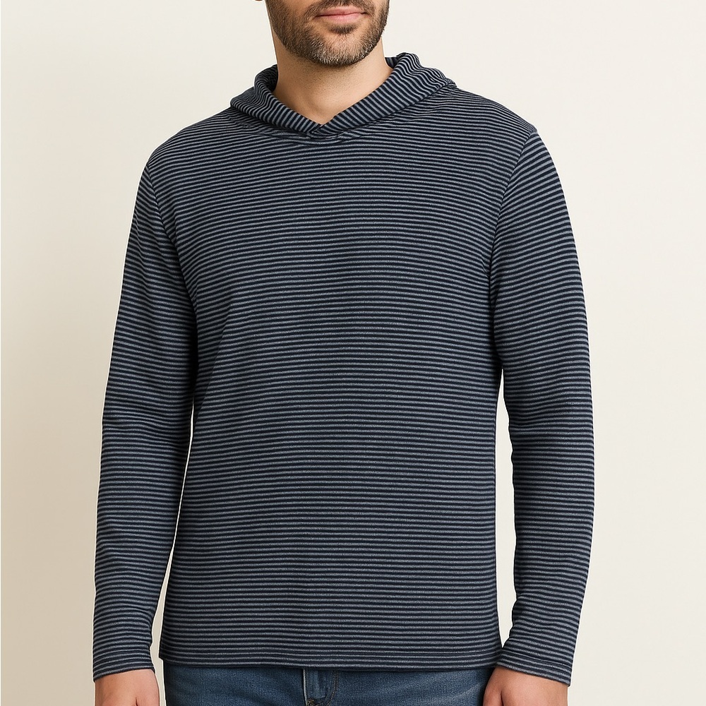 Vince Men's L Striped Hoodie Oullover Shirt Lightweight Navy White Casual